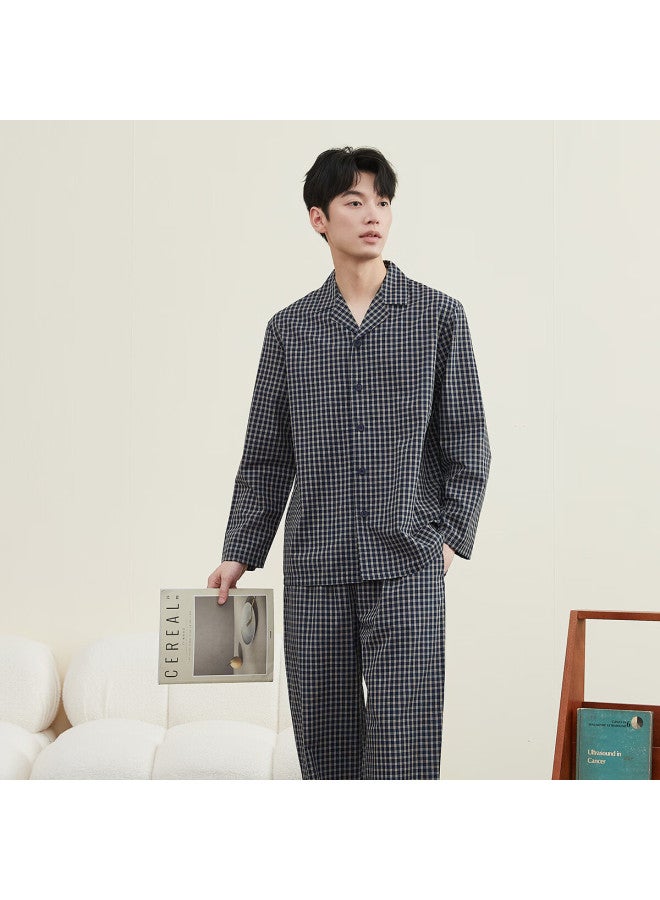 Top melon Dingguagua Dingguagua Pajamas Spring Summer Pure Cotton Woven Plaid Couple Wearable Comfortable Breathable Homewear Set Blue Plaid 175 - Image 1