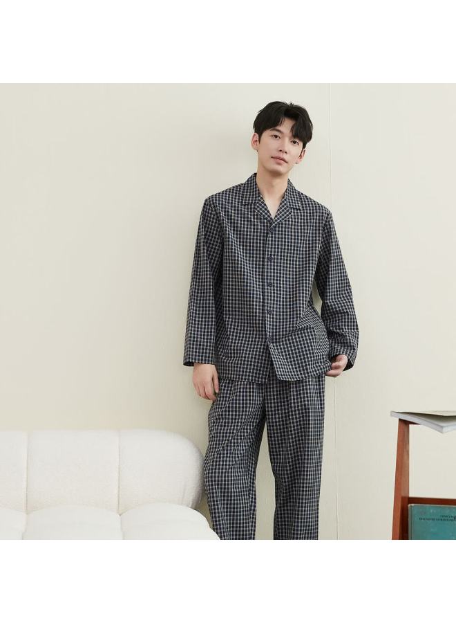 Top melon Dingguagua Dingguagua Pajamas Spring Summer Pure Cotton Woven Plaid Couple Wearable Comfortable Breathable Homewear Set Blue Plaid 175 - Image 3