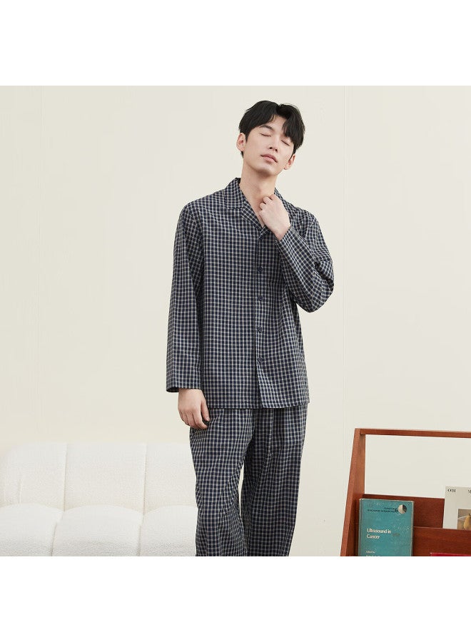 Top melon Dingguagua Dingguagua Pajamas Spring Summer Pure Cotton Woven Plaid Couple Wearable Comfortable Breathable Homewear Set Blue Plaid 175 - Image 2
