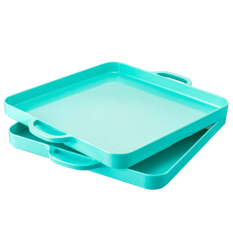 HSDT Square Serving Trays with Handles Melamine Turquoise 12.5x12.5 Inch Spill Proof Kitchen Eating Trays Set of 2 for Cafeteria Cafe Food Appeizer Dessert Snack Dinner Lunch Breakfast,TR13-02 - Image 2