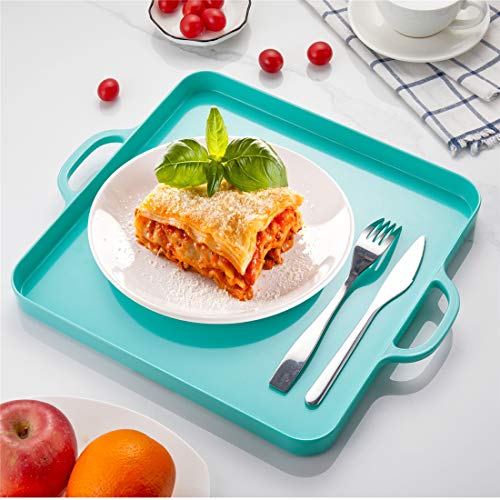 HSDT Square Serving Trays with Handles Melamine Turquoise 12.5x12.5 Inch Spill Proof Kitchen Eating Trays Set of 2 for Cafeteria Cafe Food Appeizer Dessert Snack Dinner Lunch Breakfast,TR13-02 - Image 3