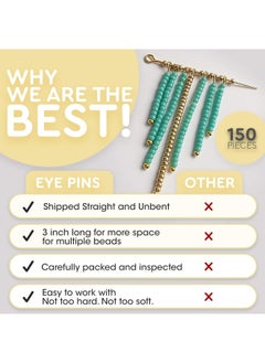 Generic Eye Pins for Jewelry Making | Ship Straight and Unbent (150 Pieces, 3 Inches, 76mm, 22 Gauge) Flat-Head Brass Dressmaker Eyepins | Jewellery Making Kit for Crafting Earrings and Bracelets  - Image 2