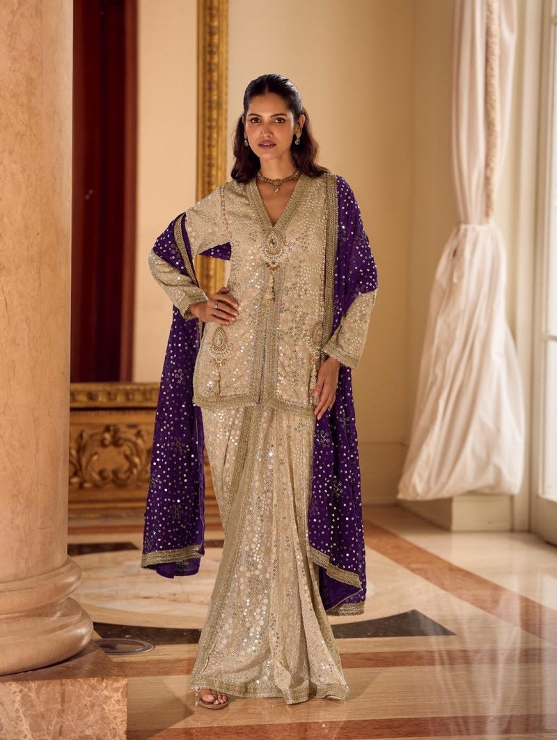 ANAITA Cream Georgette Free Size Stitched Suit with Embroidery & Beats Work - Image 1