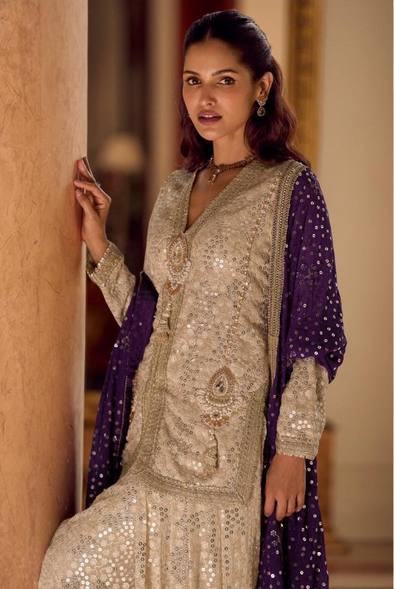 ANAITA Cream Georgette Free Size Stitched Suit with Embroidery & Beats Work - Image 2
