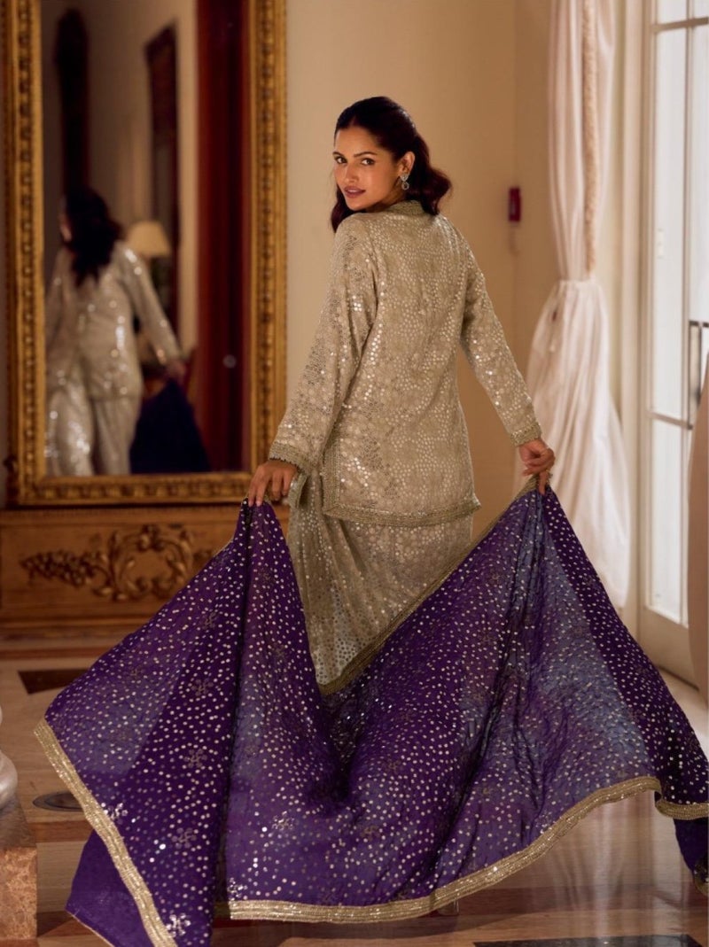 ANAITA Cream Georgette Free Size Stitched Suit with Embroidery & Beats Work - Image 3