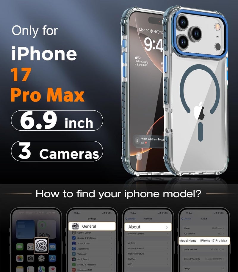 DEERLAMN Strong Magnetic Case for iPhone 17 Pro Max 6.9-Inch,[Compatible with Magsafe][Military Grade Drop Protection] Clear Slim Shockproof Protective Phone Cover-Transparent+Blue - Image 2