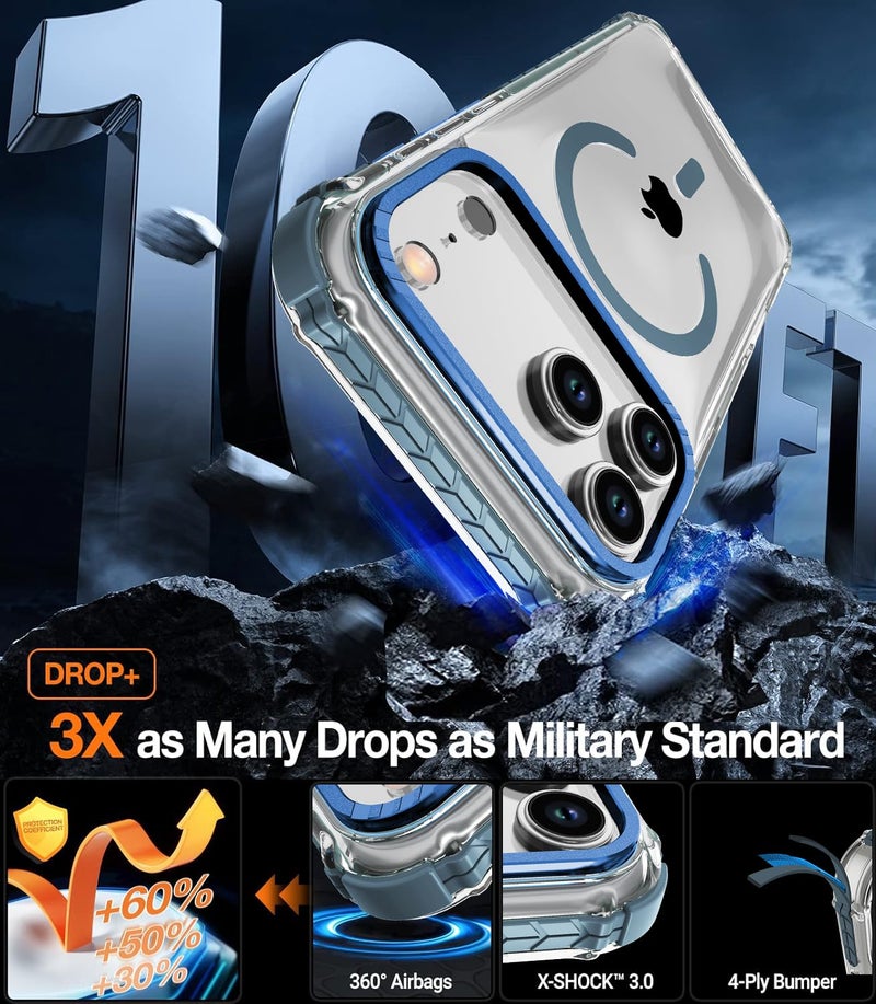 DEERLAMN Strong Magnetic Case for iPhone 17 Pro Max 6.9-Inch,[Compatible with Magsafe][Military Grade Drop Protection] Clear Slim Shockproof Protective Phone Cover-Transparent+Blue - Image 3