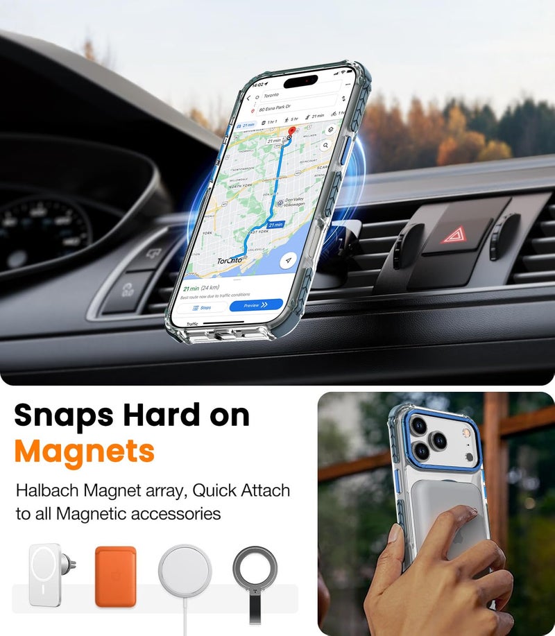 DEERLAMN Strong Magnetic Case for iPhone 17 Pro Max 6.9-Inch,[Compatible with Magsafe][Military Grade Drop Protection] Clear Slim Shockproof Protective Phone Cover-Transparent+Blue - Image 5