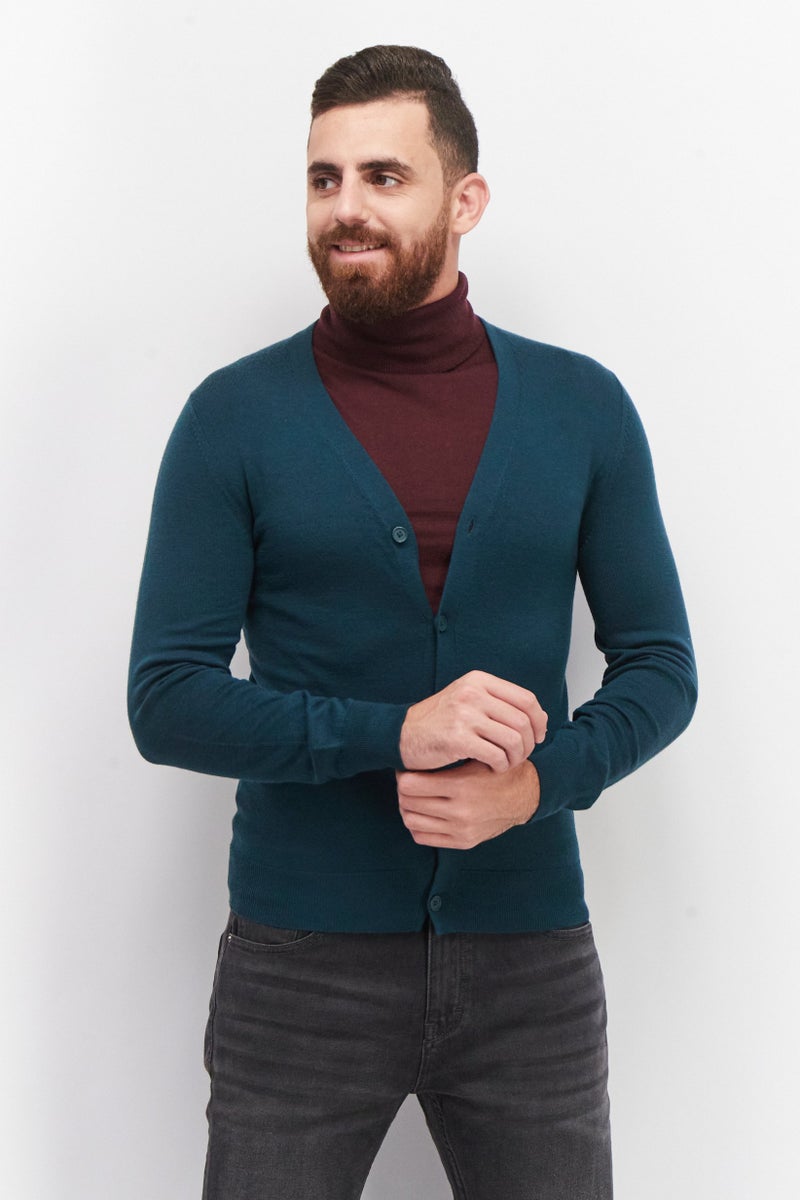 Celio Men V Neck Long Sleeve Plain Cardigans, Dark Green  - Image 1