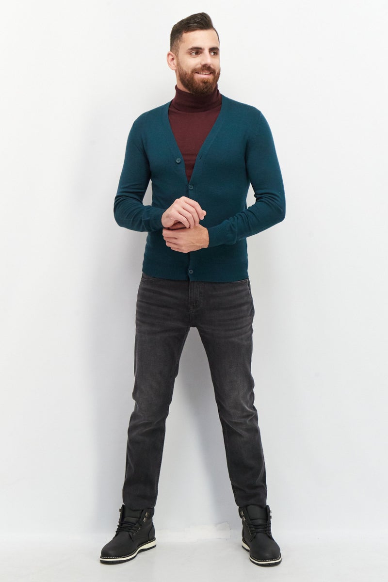 Celio Men V Neck Long Sleeve Plain Cardigans, Dark Green  - Image 3