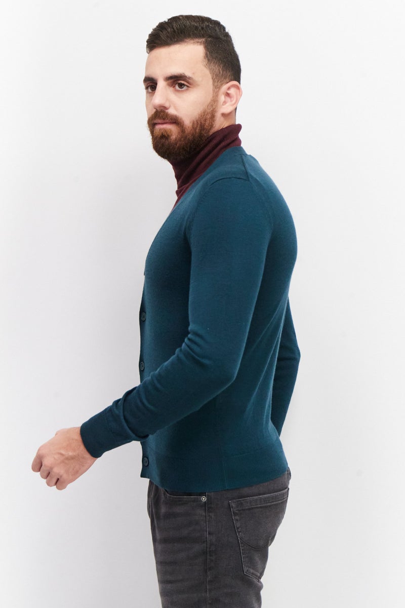 Celio Men V Neck Long Sleeve Plain Cardigans, Dark Green  - Image 2