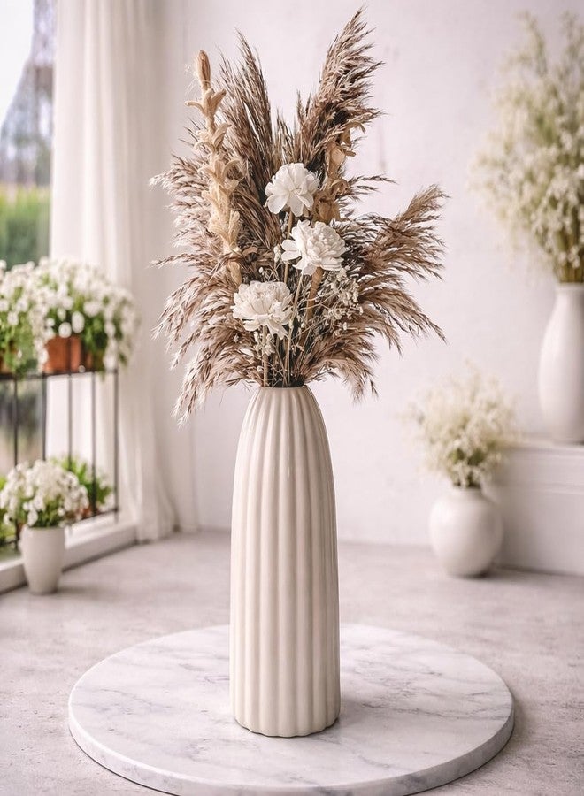 ThinKraft | Ribbed Pipe Ceramic White Flower Vase, Pampas Grass, Home Decor Centrepiece Decor for Home, Office, or Gifts only Vase (9 INCH, Ribbed Pipe) - Image 1