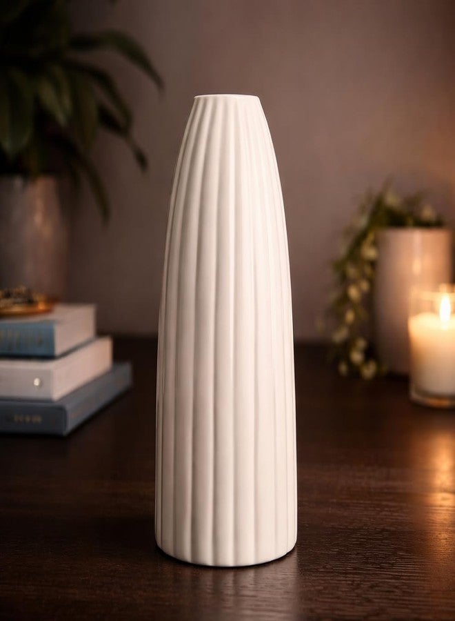 ThinKraft | Ribbed Pipe Ceramic White Flower Vase, Pampas Grass, Home Decor Centrepiece Decor for Home, Office, or Gifts only Vase (9 INCH, Ribbed Pipe) - Image 3