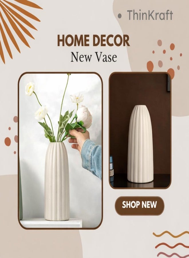ThinKraft | Ribbed Pipe Ceramic White Flower Vase, Pampas Grass, Home Decor Centrepiece Decor for Home, Office, or Gifts only Vase (9 INCH, Ribbed Pipe) - Image 4