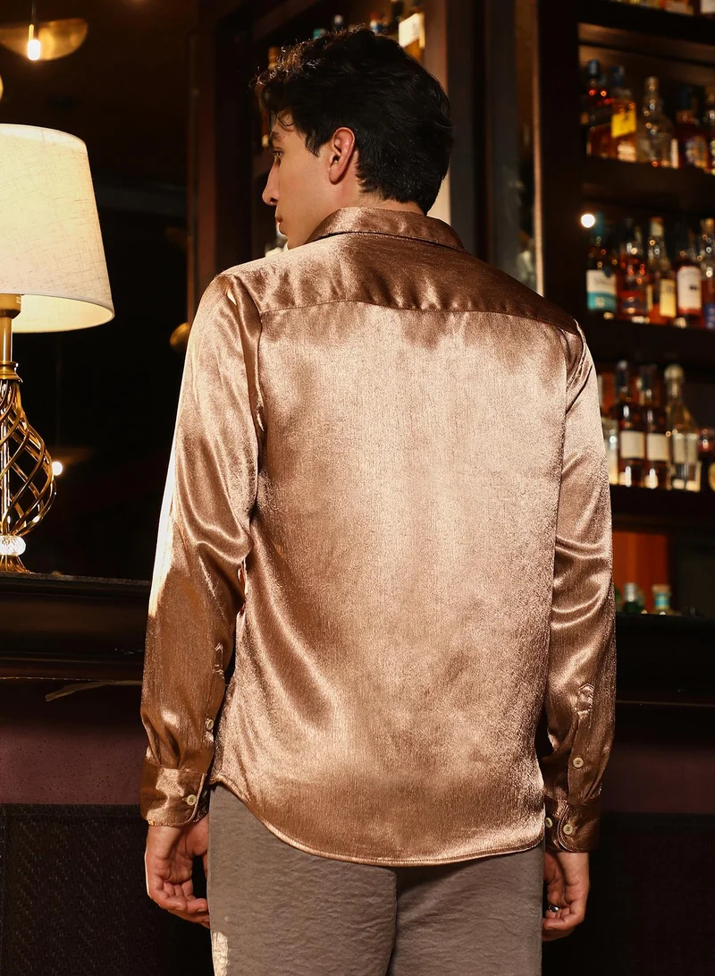 Campus Sutra Campus Sutra Men's Bronze Brown Gleaming Crushed-Satin Shirt | Spread Collar , Long  Cuffed Sleeves , Button Closure | Solid Crushed Satin | Satin Shirt For Party  Wear