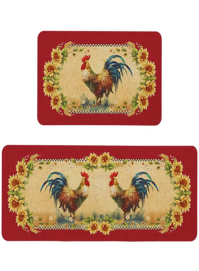 Kuyuayee Farmhouse Kitchen Mats Set of 2 Non-Slip Red Farm Rooster Kitchen Rugs Seasonal Home Decor Low Profile Washable Floor Mat 17x47 Inch and 17x29 Inch - Image 1