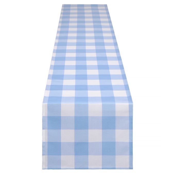 LIGHT BLUE AND WHITE GINGHAM TABLE RUNNER 72 INCHES LONG BUFFALO PLAID CHECK TABLE CLOTH PARTY SUPPLIERS FOR FARMHOUSE RUSTIC BIRTHDAY WEDDING PARTY DECORATIONS COASTAL SUMMER TABLE DECOR