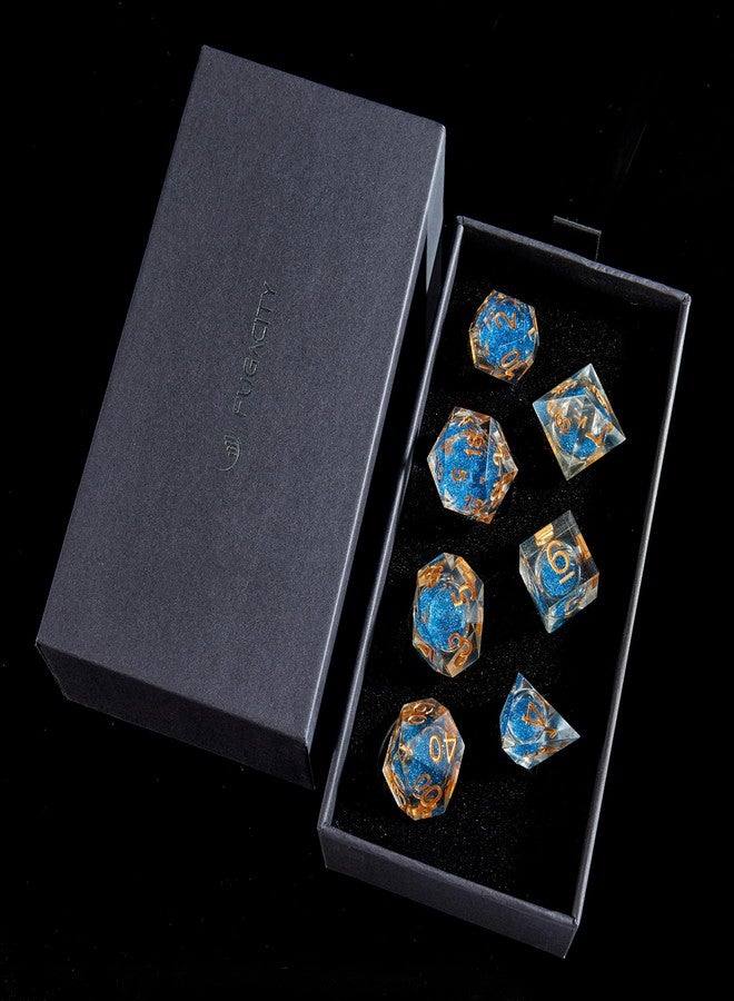 Fugacity DND Dice Set, Liquid Core Handmade Sharp Edge 7 Piece Resin Dice-Dungeons and Dragons Polyhedral Dice Set, D&D Dice Set with Gift Dice Case for RPG MTG Table Games(DEEP Blue Sand & Gold) - Image 2