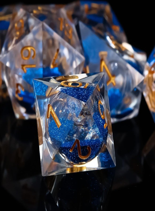 Fugacity DND Dice Set, Liquid Core Handmade Sharp Edge 7 Piece Resin Dice-Dungeons and Dragons Polyhedral Dice Set, D&D Dice Set with Gift Dice Case for RPG MTG Table Games(DEEP Blue Sand & Gold) - Image 4