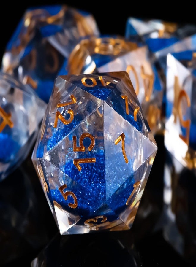 Fugacity DND Dice Set, Liquid Core Handmade Sharp Edge 7 Piece Resin Dice-Dungeons and Dragons Polyhedral Dice Set, D&D Dice Set with Gift Dice Case for RPG MTG Table Games(DEEP Blue Sand & Gold) - Image 3