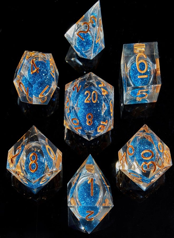 Fugacity DND Dice Set, Liquid Core Handmade Sharp Edge 7 Piece Resin Dice-Dungeons and Dragons Polyhedral Dice Set, D&D Dice Set with Gift Dice Case for RPG MTG Table Games(DEEP Blue Sand & Gold) - Image 1