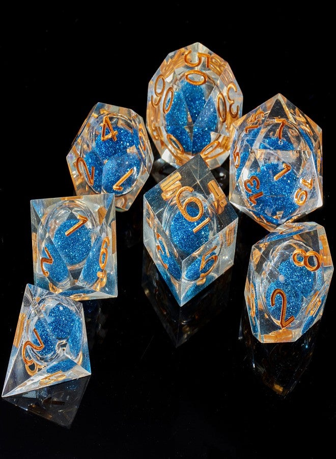 Fugacity DND Dice Set, Liquid Core Handmade Sharp Edge 7 Piece Resin Dice-Dungeons and Dragons Polyhedral Dice Set, D&D Dice Set with Gift Dice Case for RPG MTG Table Games(DEEP Blue Sand & Gold) - Image 5