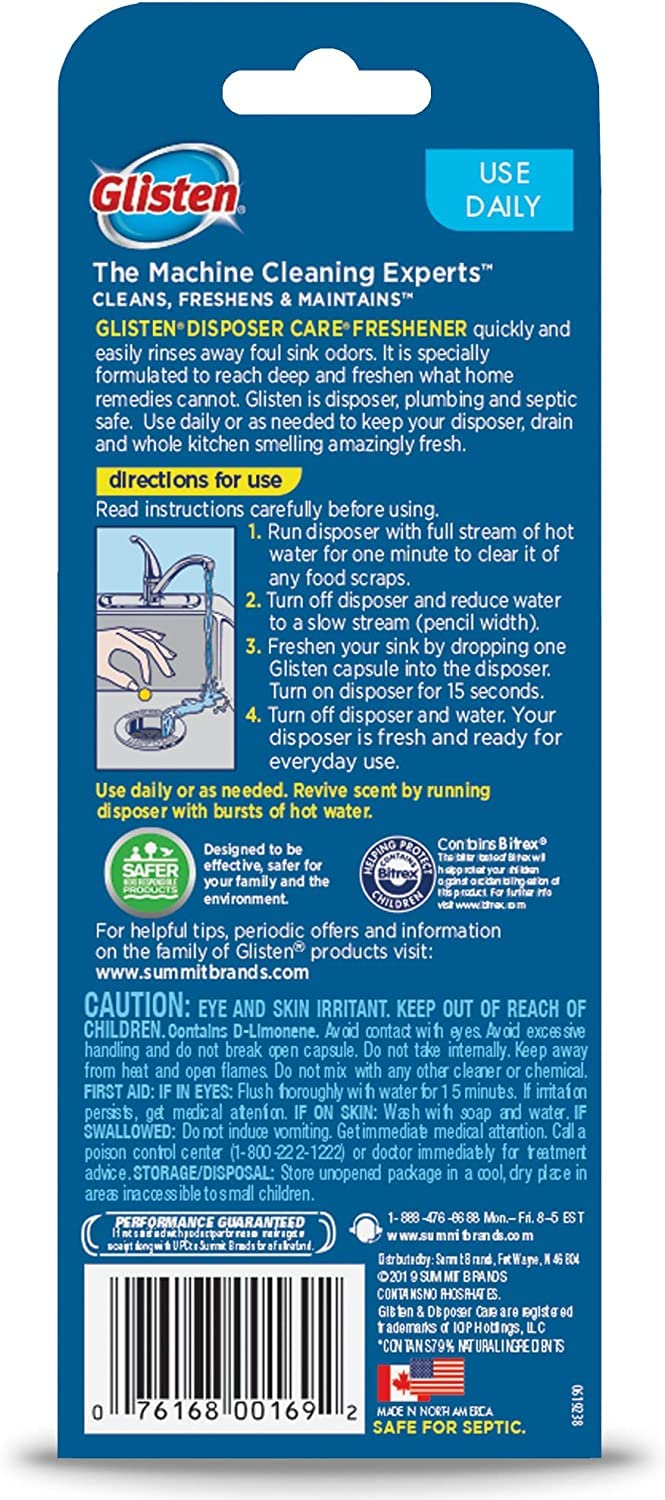 Glisten Garbage Disposer Freshener, Sink Disposal Odor Eliminator, Quick and Easy-to-Use, Lemon Scent, 30 Capsules Total - Image 2