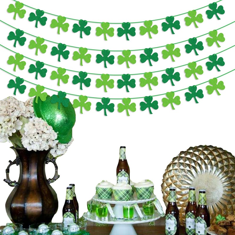 Partyprops St Patricks Day Decorations 4PCS Felt Shamrock Garland Banner - NO DIY Shamrock Clover Garland Banner for St Patricks Day Decor - Dark Green Light Green for Irish Party Supplies - Image 3