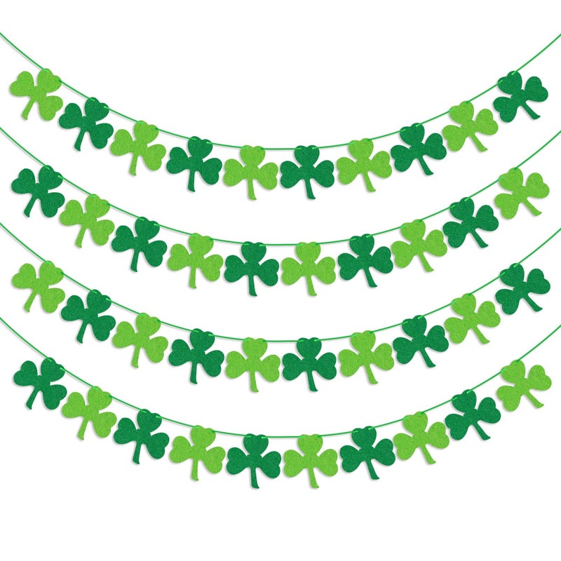 Partyprops St Patricks Day Decorations 4PCS Felt Shamrock Garland Banner - NO DIY Shamrock Clover Garland Banner for St Patricks Day Decor - Dark Green Light Green for Irish Party Supplies - Image 1