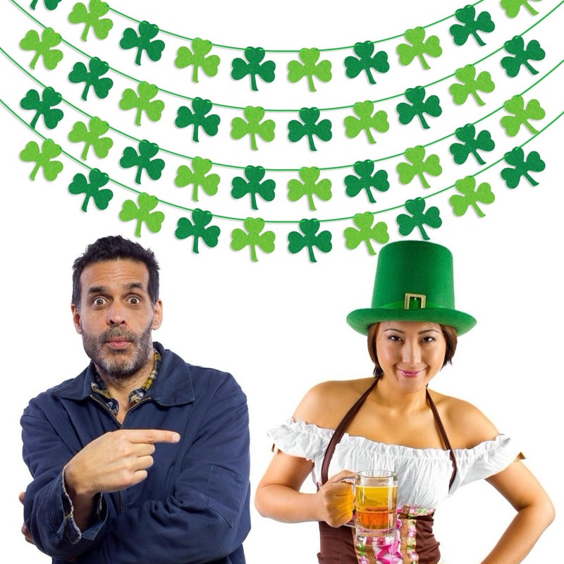 Partyprops St Patricks Day Decorations 4PCS Felt Shamrock Garland Banner - NO DIY Shamrock Clover Garland Banner for St Patricks Day Decor - Dark Green Light Green for Irish Party Supplies - Image 4