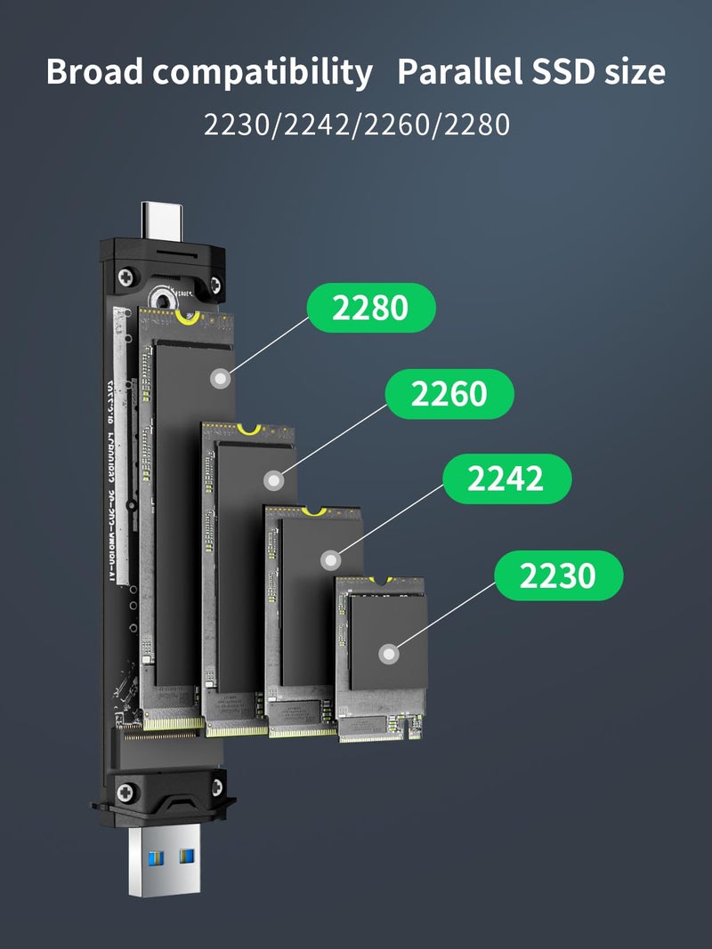 Lemorele Aluminum M.2 NVMe SSD Enclosure Adapter Tool-Free, 10Gbps USB C 3.2 Gen2 M.2 NVMe External Hard Drive Case Adapter for M-Key SSD 2230/2242/2260/2280,(SATA NOT Supported) - Image 3