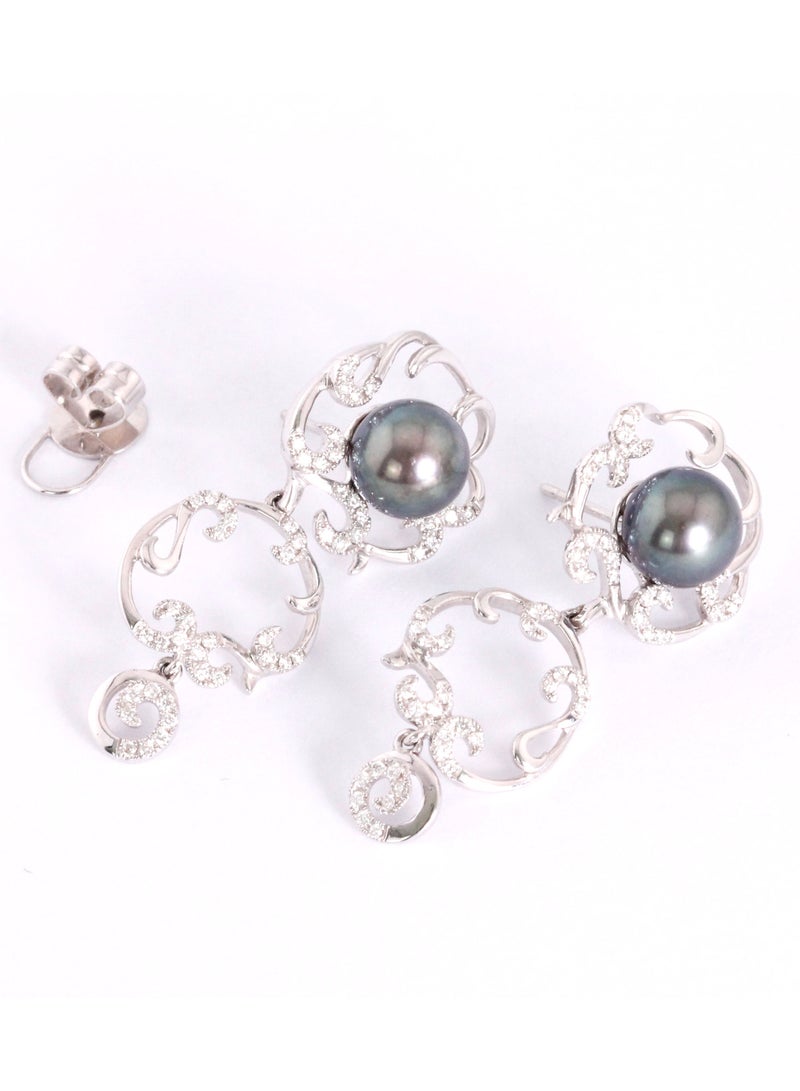 MIKURA Earrings, Freshwater Pearls, A Quality, Treated Black Color, 8.0-7.5MM, 18KW, 102D 0.36CT  - Image 1