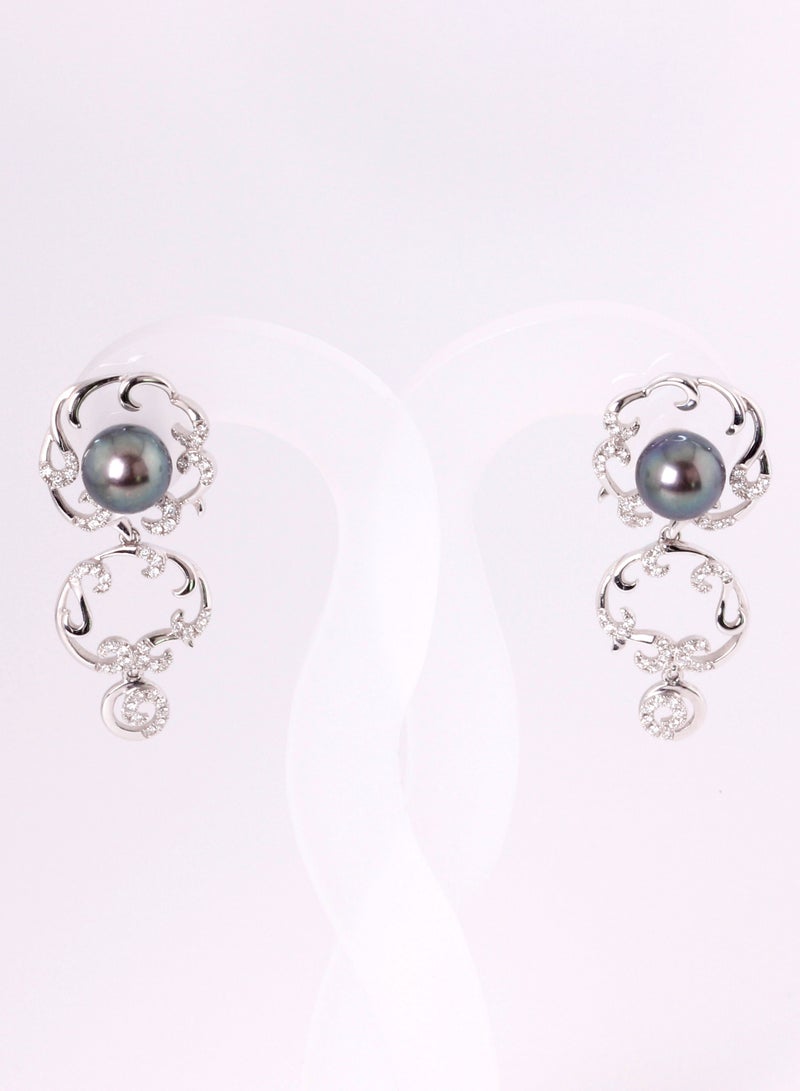 MIKURA Earrings, Freshwater Pearls, A Quality, Treated Black Color, 8.0-7.5MM, 18KW, 102D 0.36CT  - Image 2