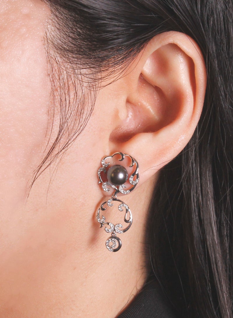 MIKURA Earrings, Freshwater Pearls, A Quality, Treated Black Color, 8.0-7.5MM, 18KW, 102D 0.36CT  - Image 4