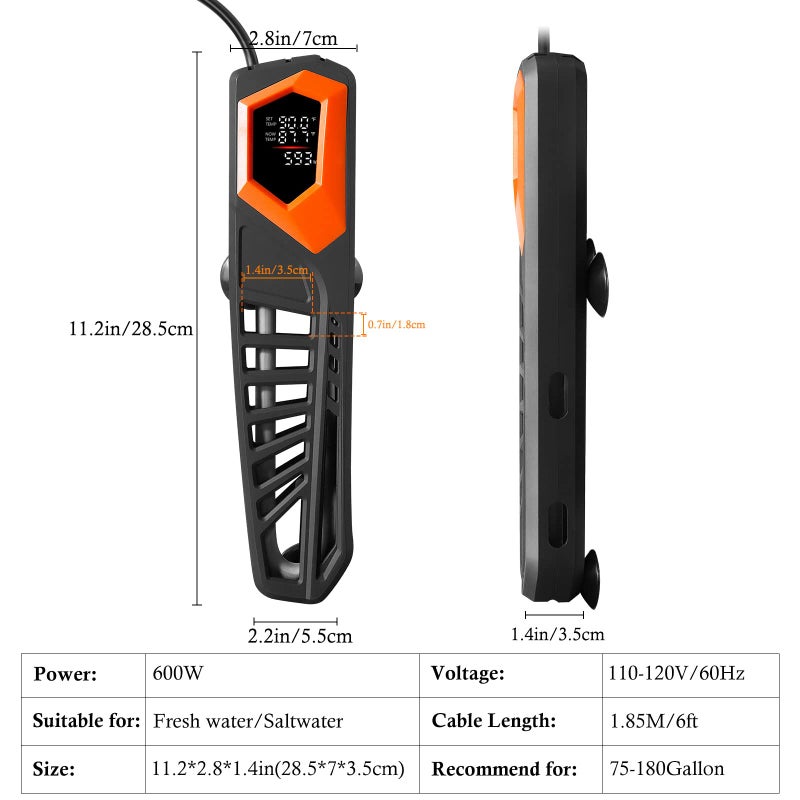 HITOP 600W Titanium Aquarium Heater - Digital Fish Heater with LED Temp Display and External Controller, for Large Fish Tank 75~180Gallon - Image 3