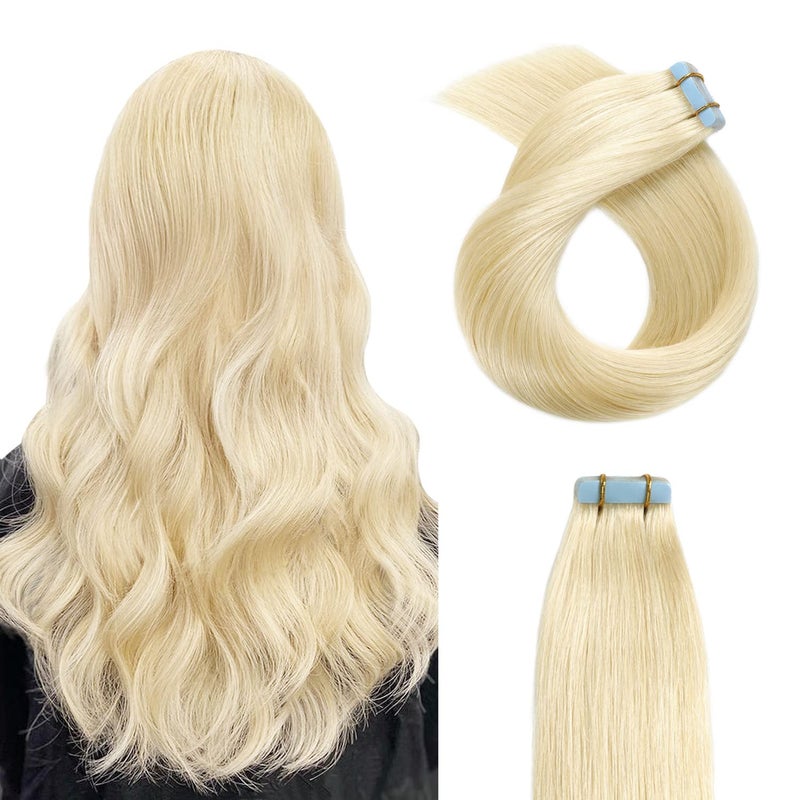 YILITE Tape Hair Extensions Brazilian Real Human Hair Color 60 Platinum Blonde Seamless Skin Weft Tape ins 20Pcs Pu Tape in Hair Extension American White Tape Adhesive in Extensions 50g22inches 60