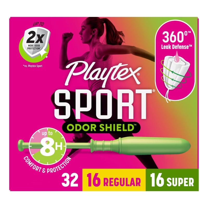 Playtex Sport Odor Shield Tampons Multipack (16ct Regular/16ct Super), Unscented - 32ct | Tampons Regular and Super, Playtex Tampon Multipack, Feminine Care with 360 Leak Defense - Image 1