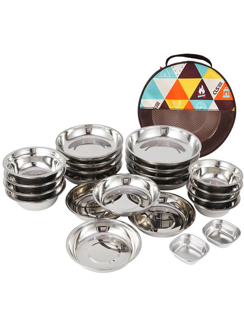 22 Pices Portable Dinner Plates Camping Tableware Set Polished Stainless Steel Bowls Soup Pots with Storage Bag for Outdoor Cooking Camping Picnic Barbecue Silver 230x230x80mm  - Image 1
