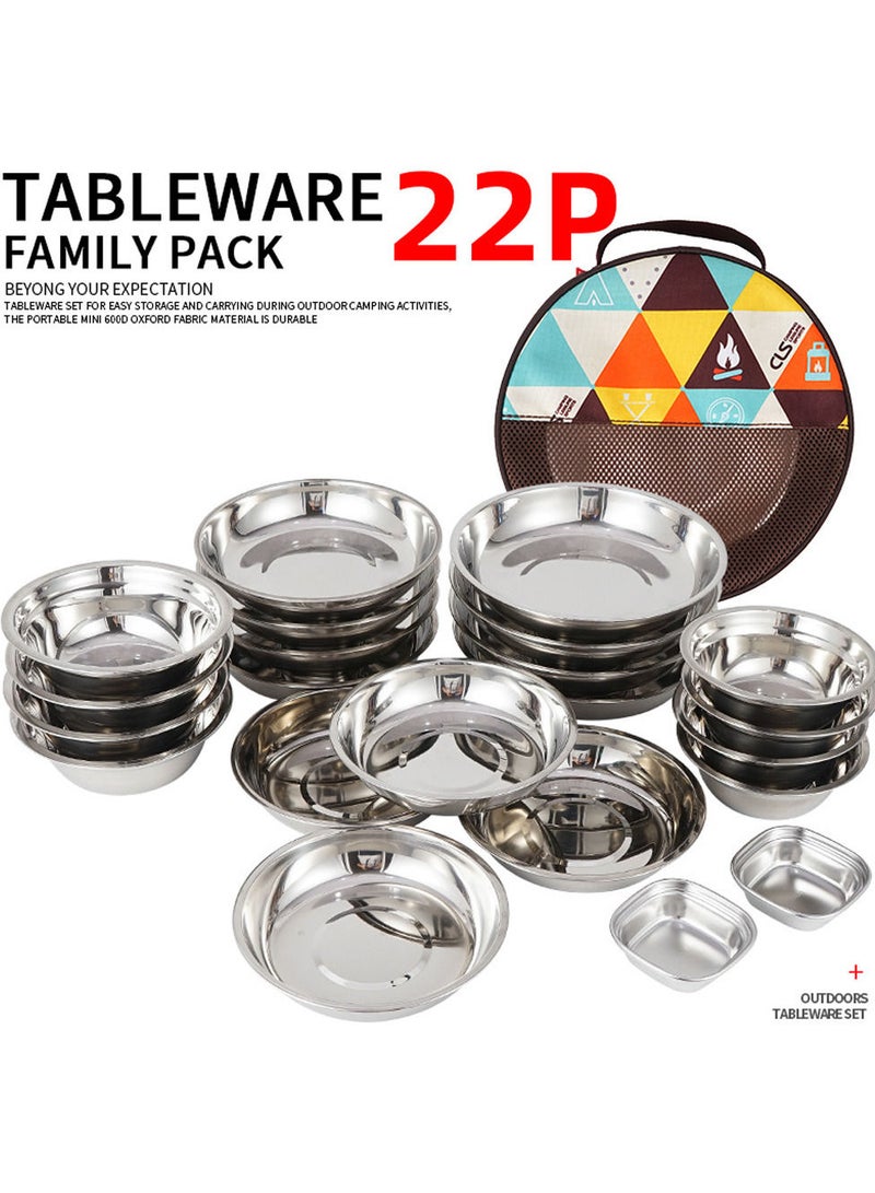 22 Pices Portable Dinner Plates Camping Tableware Set Polished Stainless Steel Bowls Soup Pots with Storage Bag for Outdoor Cooking Camping Picnic Barbecue Silver 230x230x80mm  - Image 5