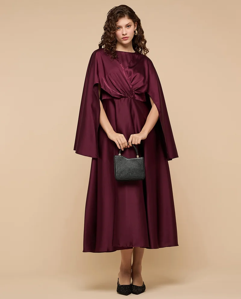 أر أند بي Solid Midi Dress with Boat Neck and Hanging Sleeves
