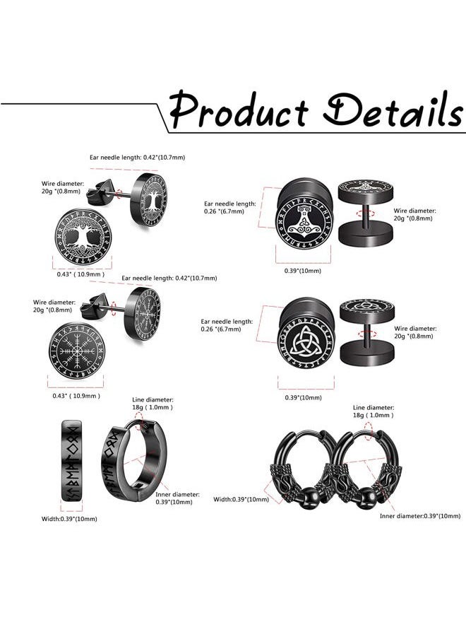 L3 - 6Pairs Viking Mens Earrings, Black Stainless Steel Stud Earrings Celtic Wolf, Fashion Vintage Huggie Hoop Viking Divination Earrings Piercing Jewelry Kit for Men Women - Image 1