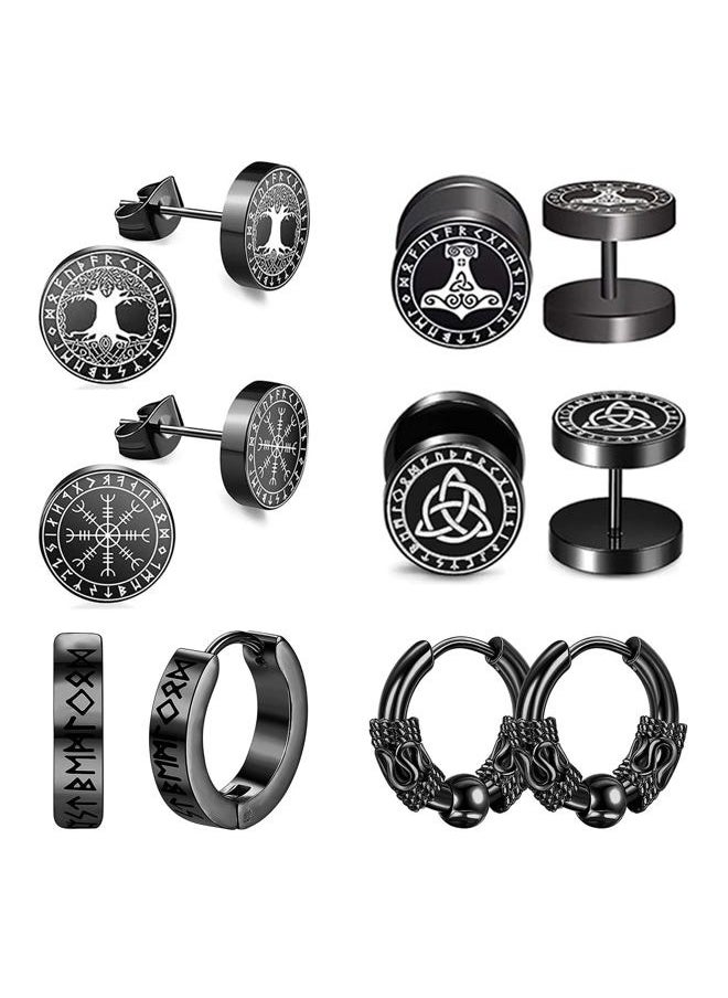 L3 - 6Pairs Viking Mens Earrings, Black Stainless Steel Stud Earrings Celtic Wolf, Fashion Vintage Huggie Hoop Viking Divination Earrings Piercing Jewelry Kit for Men Women - Image 1