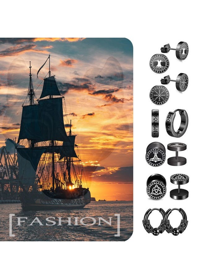 L3 - 6Pairs Viking Mens Earrings, Black Stainless Steel Stud Earrings Celtic Wolf, Fashion Vintage Huggie Hoop Viking Divination Earrings Piercing Jewelry Kit for Men Women - Image 1