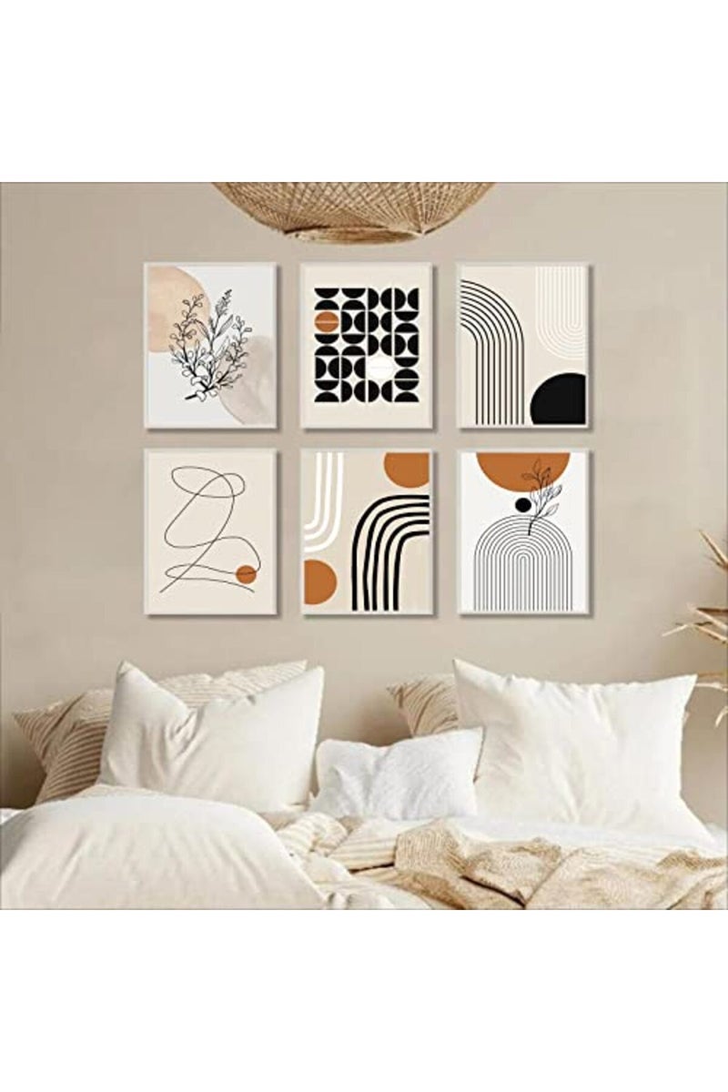 KBKBART Abstract Boho Wall Art Prints Set of 6, Minimalist Geometric Boho Wall Art Orange Beige Palm Leaf Line Art Canvas Painting Pictures, MidCentury Modern Prints Gallery Wall Posters for Bedroom Living - Image 3