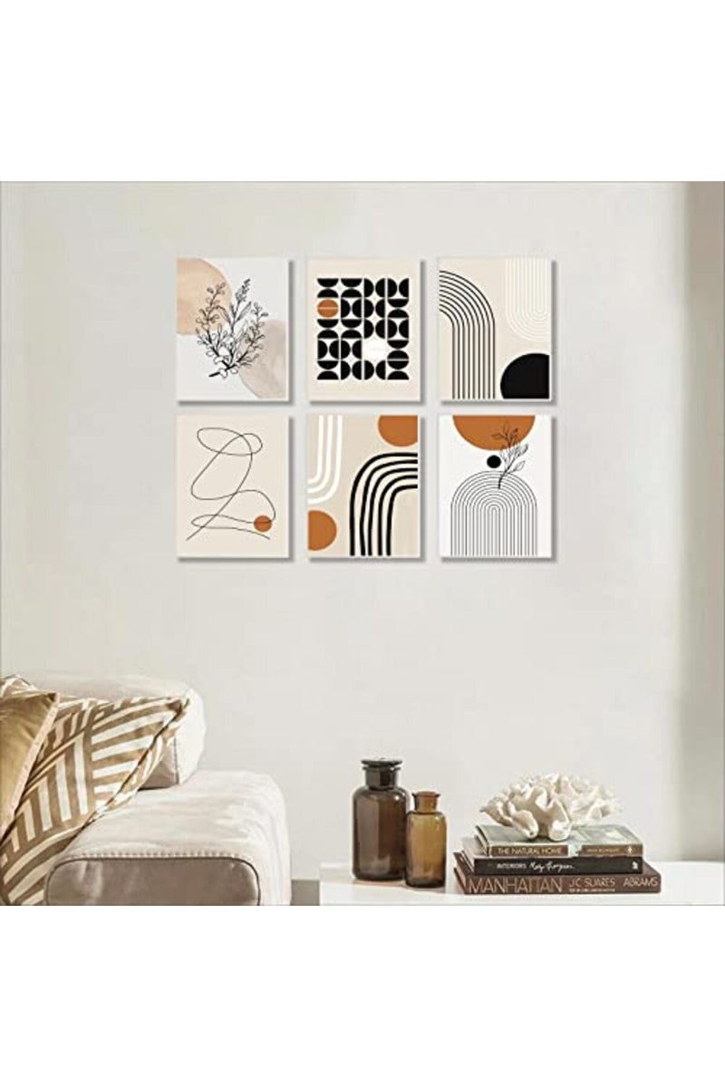 KBKBART Abstract Boho Wall Art Prints Set of 6, Minimalist Geometric Boho Wall Art Orange Beige Palm Leaf Line Art Canvas Painting Pictures, MidCentury Modern Prints Gallery Wall Posters for Bedroom Living - Image 5