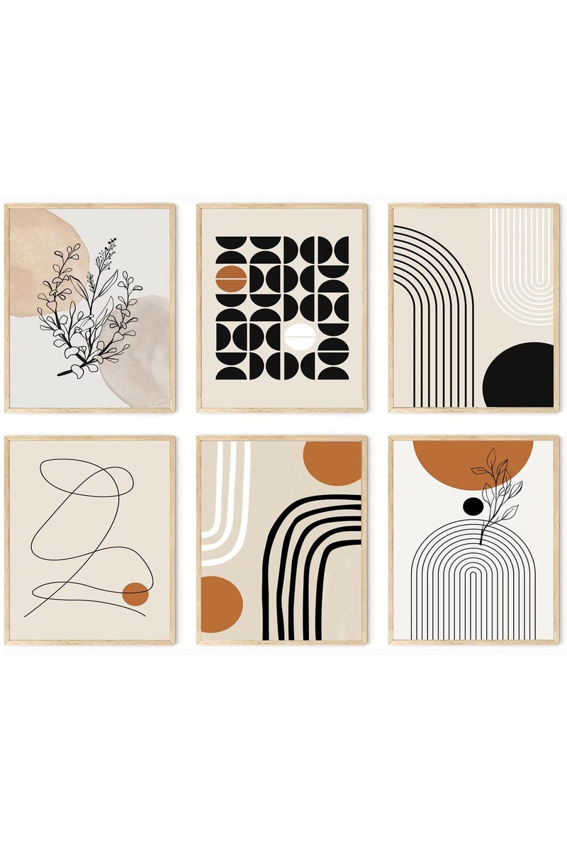 KBKBART Abstract Boho Wall Art Prints Set of 6, Minimalist Geometric Boho Wall Art Orange Beige Palm Leaf Line Art Canvas Painting Pictures, MidCentury Modern Prints Gallery Wall Posters for Bedroom Living - Image 1