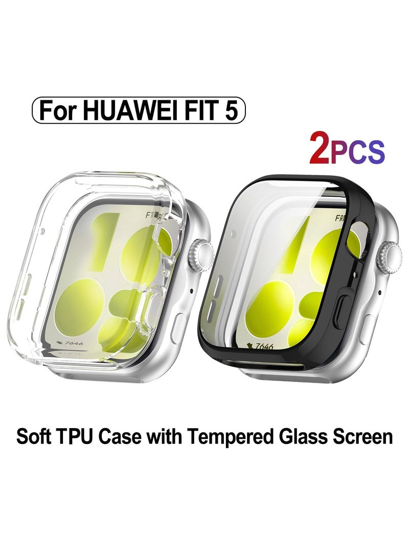 OLYSON 2 PCS Case for HUAWEI Watch Fit 5 Screen Protector, Soft TPU Case with Tempered Glass Screen Protector Bubble-Free Cover Slim HD Ultra-Thin Bumper, Black/Clear - Image 1