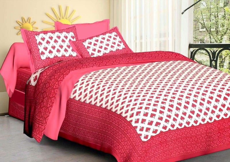 ART WORLD Queen Size Double Bed Sheet with Pillow Covers Pure Cotton Jaipuri Traditional Printed Bedcover (Pink) - Image 4