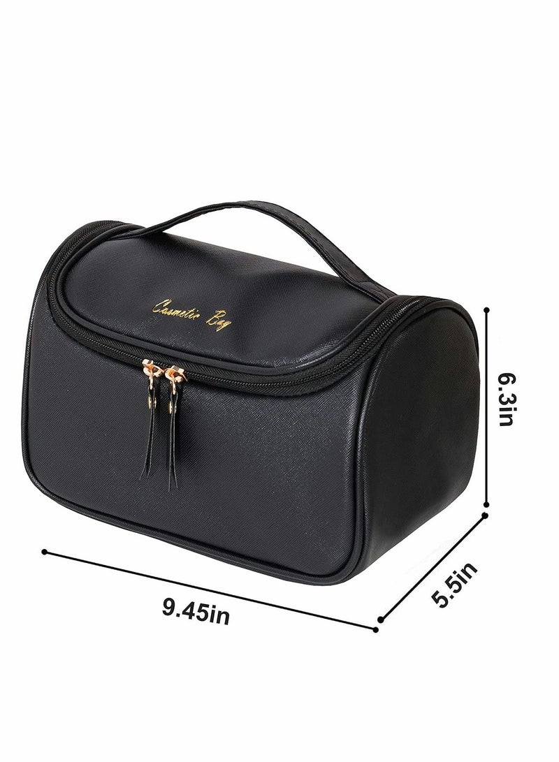 Excefore Makeup Bag, Leather Makeup Bag Large Deep Handbag Traveling Cosmetic Organizer for Women and Girls, Make up Waterproof Travel Bags Large Cosmetic Case Organizer are Easy to Carry (Black) - Image 3
