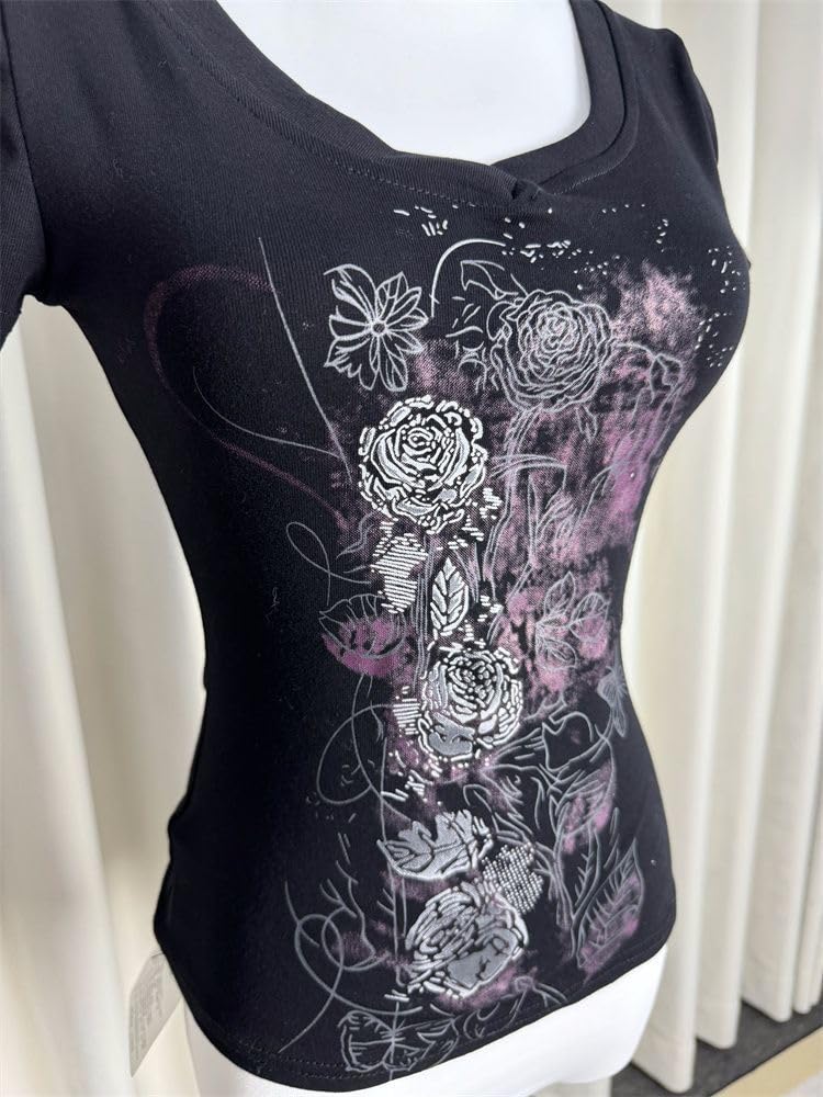 Dynict Womens Y2K Gothic Graphic V-Neck Slim Fit T-Shirt Grunge Vintage Short Sleeve Trendy Crop Tops (Black4,Small) - Image 3